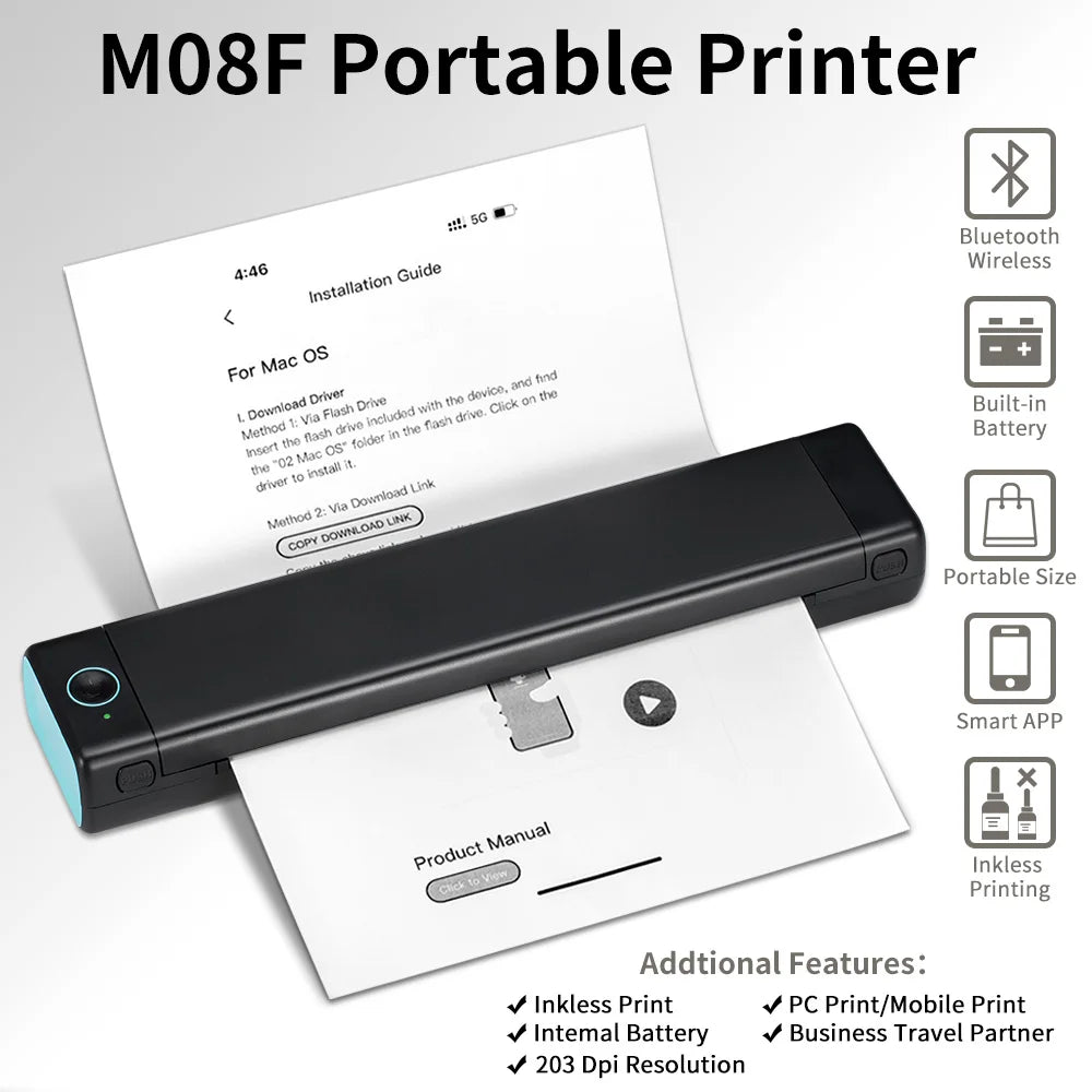 M08F Portable A4 Thermal Printer - Wireless Mobile Printing for Office & Travel